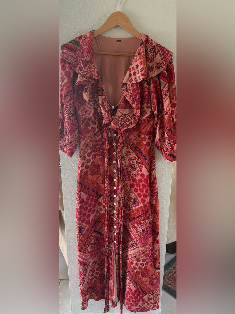 Free People Red and Pink Printed Maxi Dress with Ruffle Collar